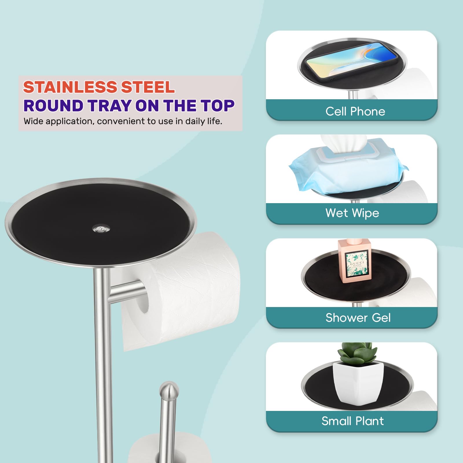 Sfemn Freestanding Toilet Paper Stand with Shelf, Brushed Nickel, Stainless Steel, Model TPH001