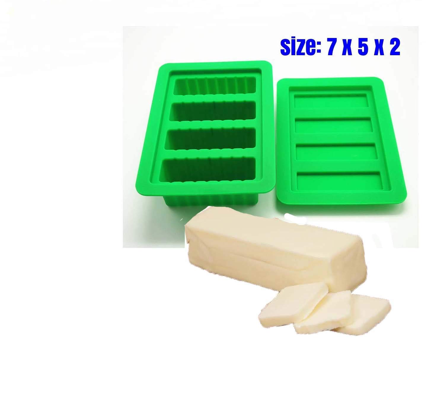Pizety Large 4 Cavities Butter Mold Silicone Green, Butter Mold With Lid, Butter Molds Silicone 4 Measurements Cavities Butter S