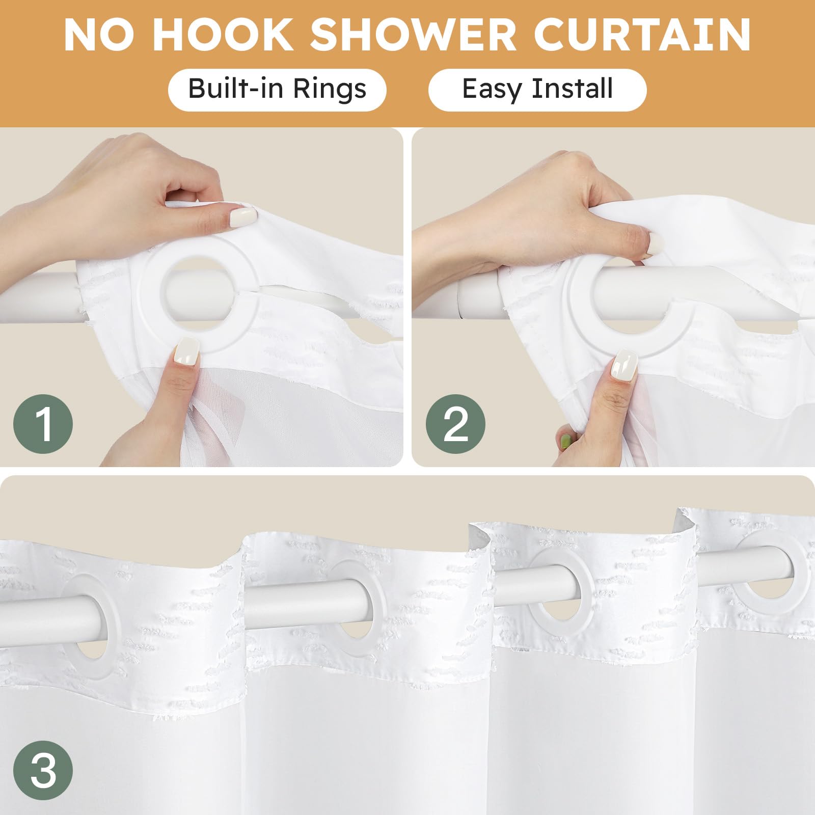 Fadoty No Hook Shower Curtain And Snap In Liner Set White Tufted Chevron Striped Cloth Waterproof Washable Fabric Boho Farmhouse