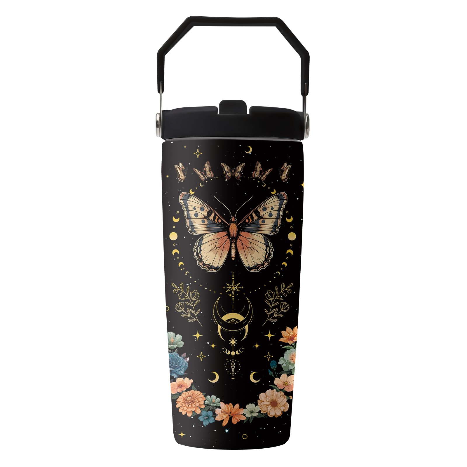Uibunoo Butterfly 28 oz Tumbler, with Handle Lid Straw, Stainless Steel Cup