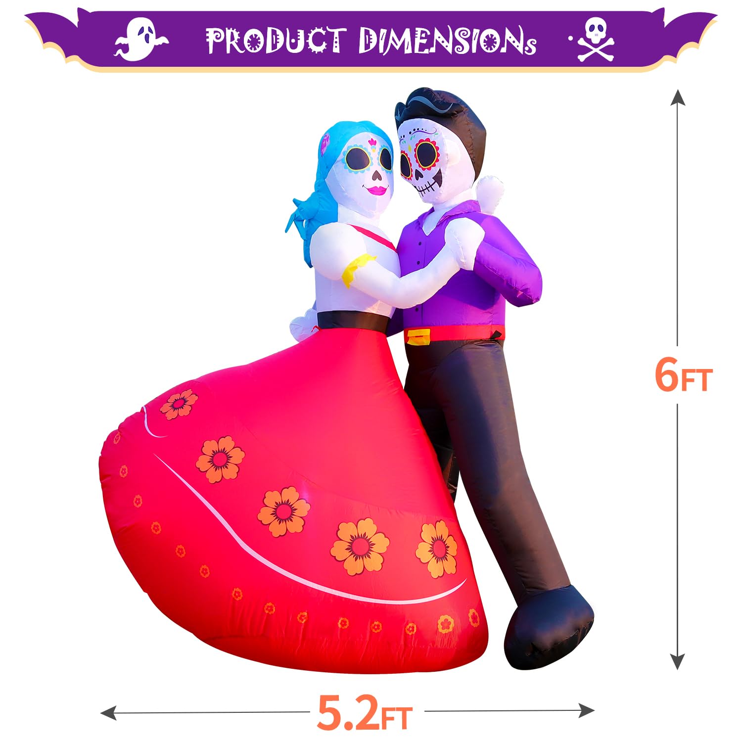 DomKom Halloween Inflatable Blow Up Decorations, Dia de Los Muertos 6FT Day of Dead Catrina Sugar Skull Couple Dancing, Built-in