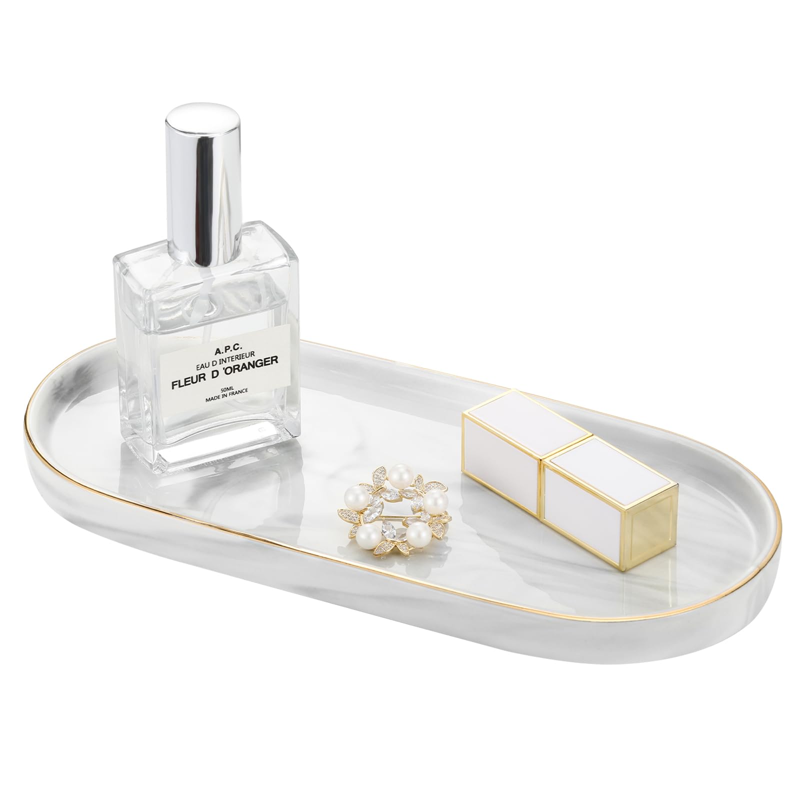 Luxspire Bathroom Vanity Tray, Marble Ceramic Dresser Jewelry Dish With Golden Rim, Decorative Tray Countertop Sink Storage Hold