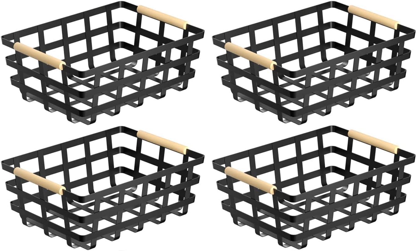 Large Metal Storage Baskets Bins Organizer Farmhouse Freezer Baskets For Pantry Cabinets Rustic Kitchen Counter Closet 4 Pack -