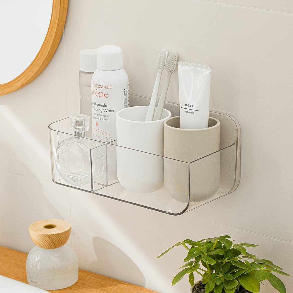 Poeland Wall Mount Storage Organizer, Clear Storage Box Holder Basket With 3 Compartments No Drilling Hang Walls/Doors For Kitch