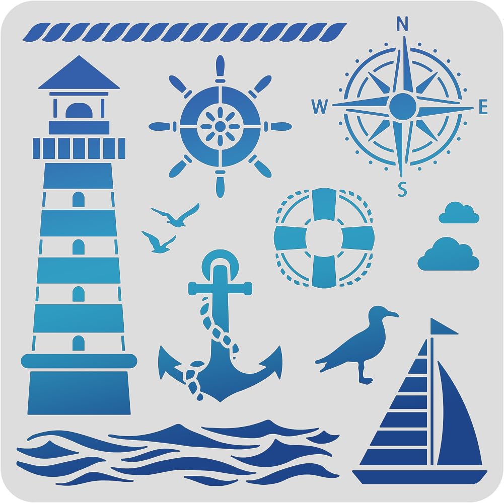 Benecreat Lighthouse Pet Plastic Drawing Templates 11.8X11.8 Inch/30X30Cm Compass Anchor Template Stencil For Scrabooking Card M