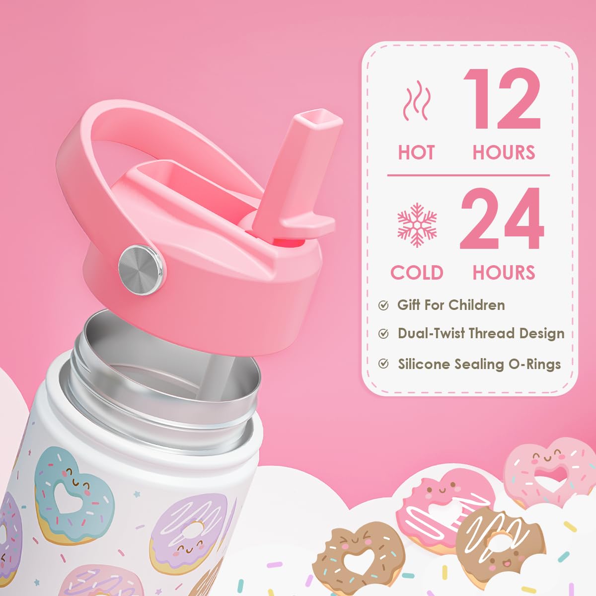 Donut Kids Water Bottle With Straw Lid 12oz Insulated Stainless Steel, Sprinkle Travel Tumbler, Gifts for Girls, Birthday, Chris