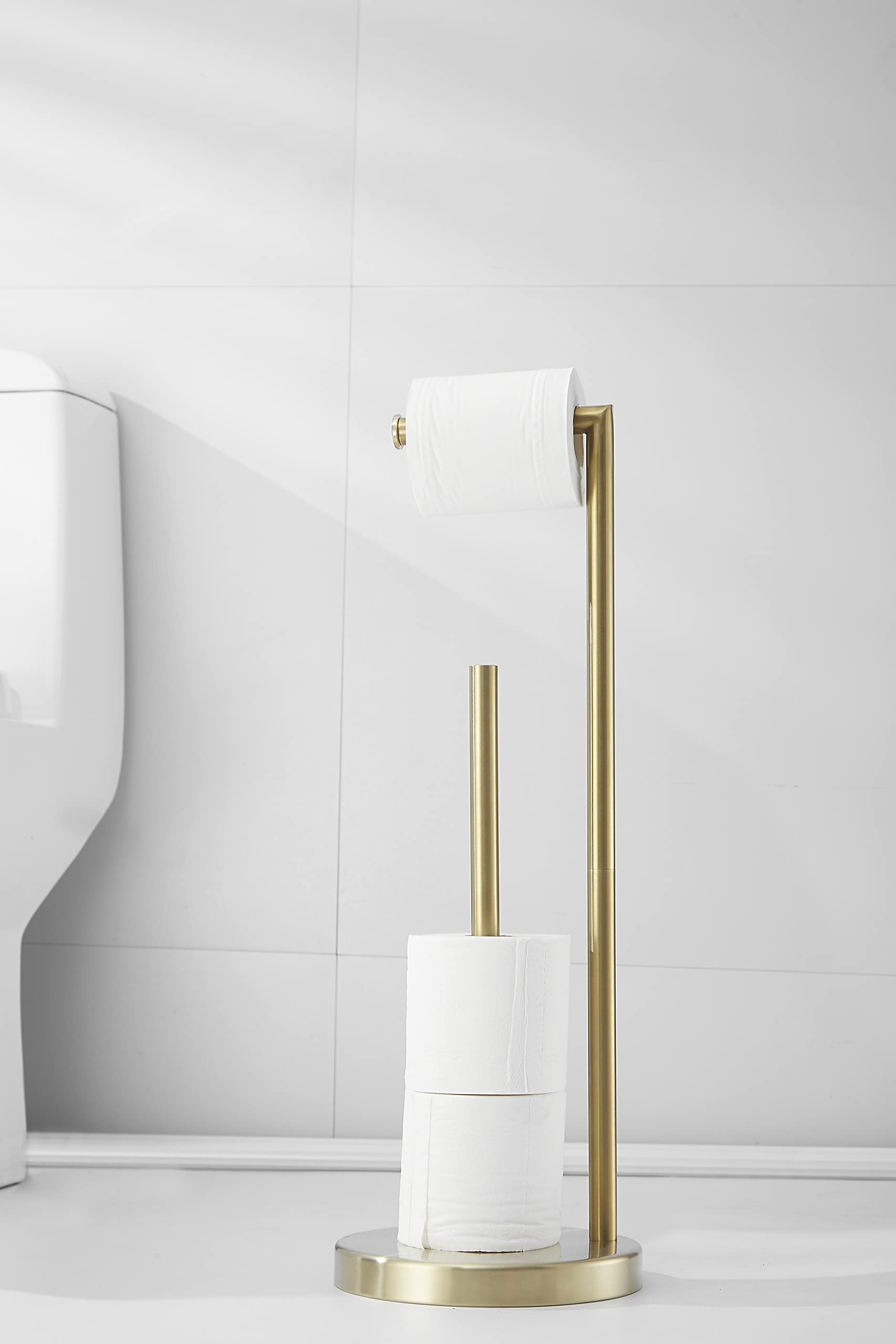 Free Standing Toilet Paper Roll Holder Stand With Reserve, Gold Brushed