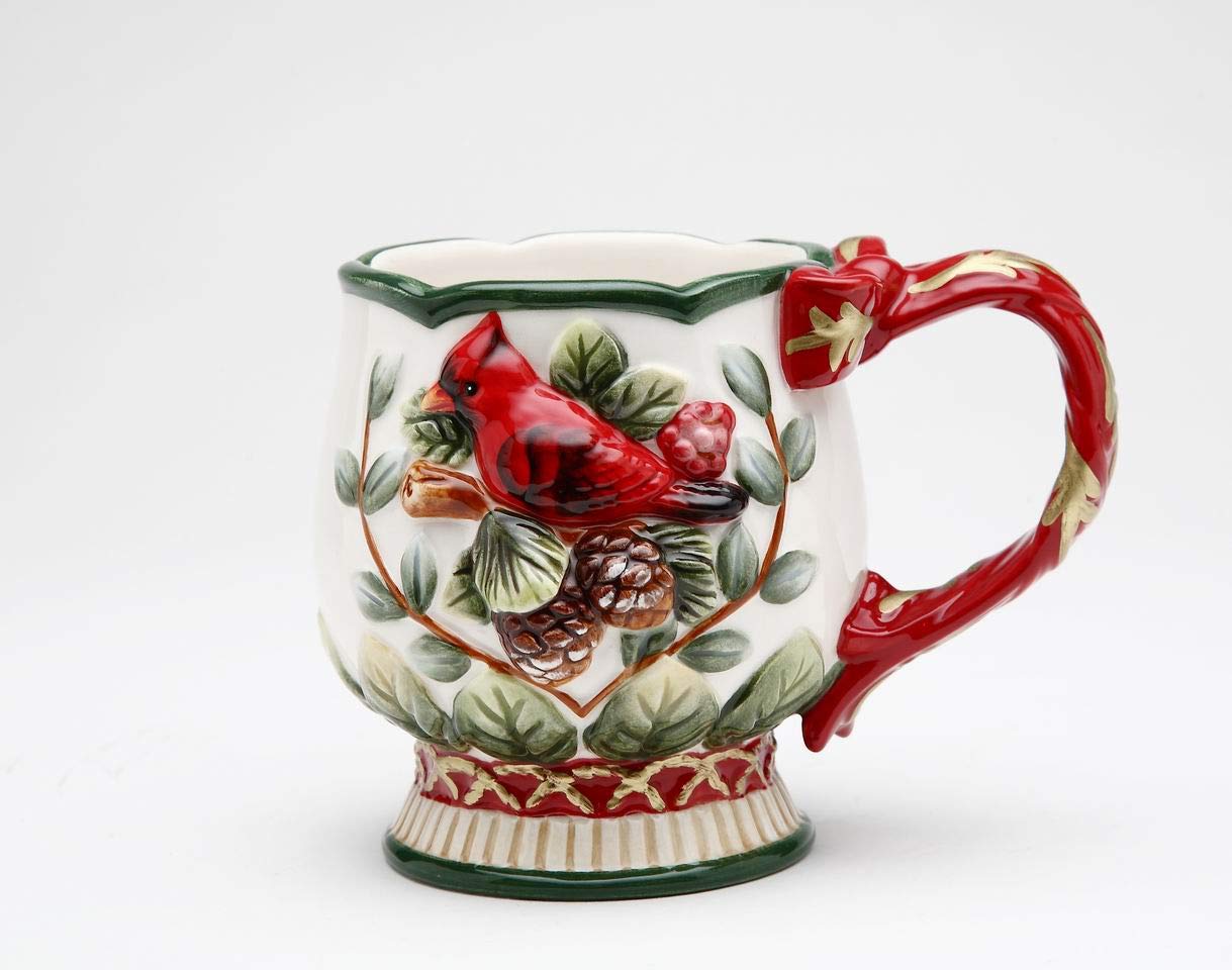 Fine Ceramic Red Cardinal With Pine Cone Mug Set Of 4 (4 Pcs Set), 4 7/8'' L