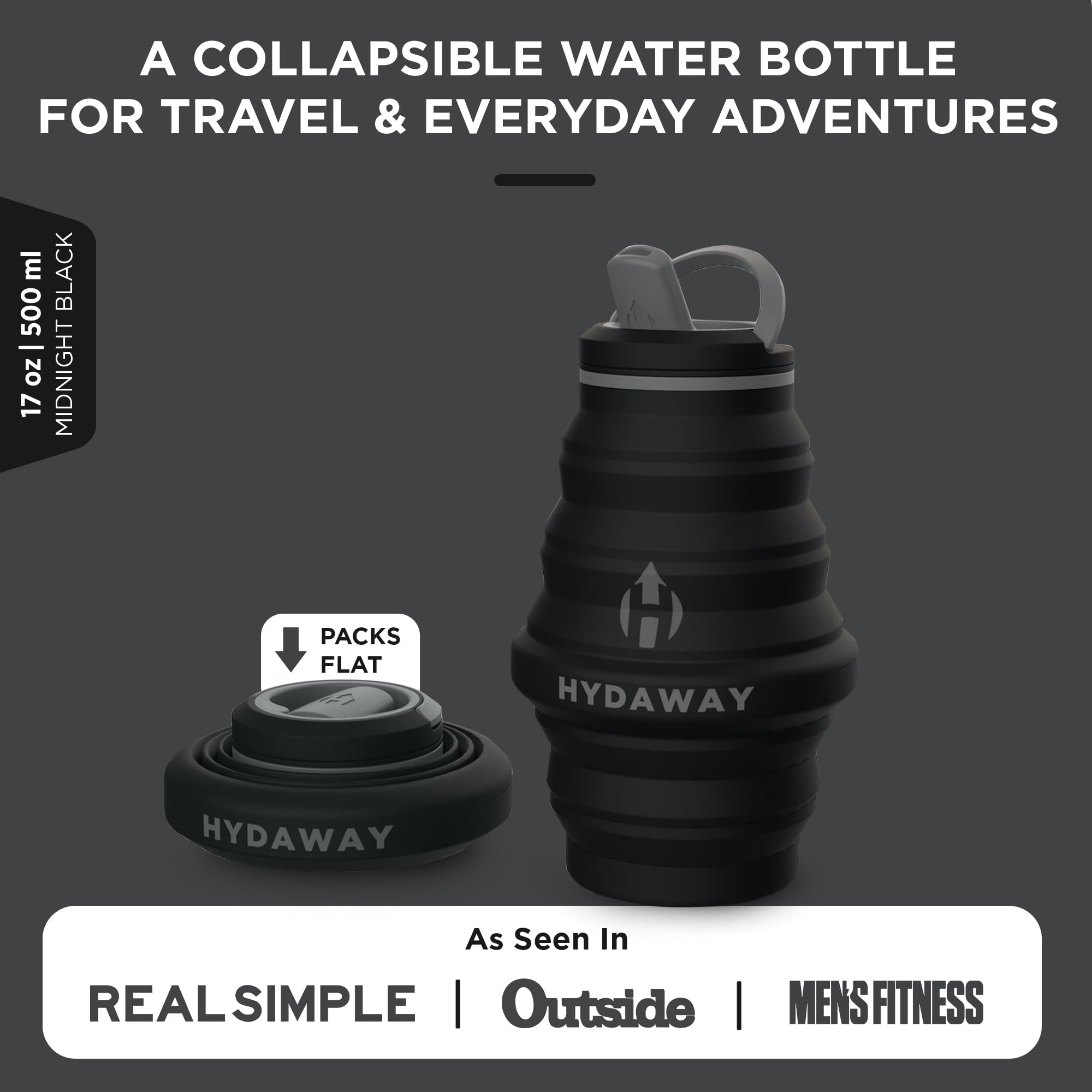HYDAWAY Collapsible Water Bottle - 17oz  Midnight I Reusable Water Bottle with Flip Top Lid for Travel  Hiking  Backpacking I Portable & Leakproof  Food-Grade Silicone  BPA Free  Collapse to 1.5