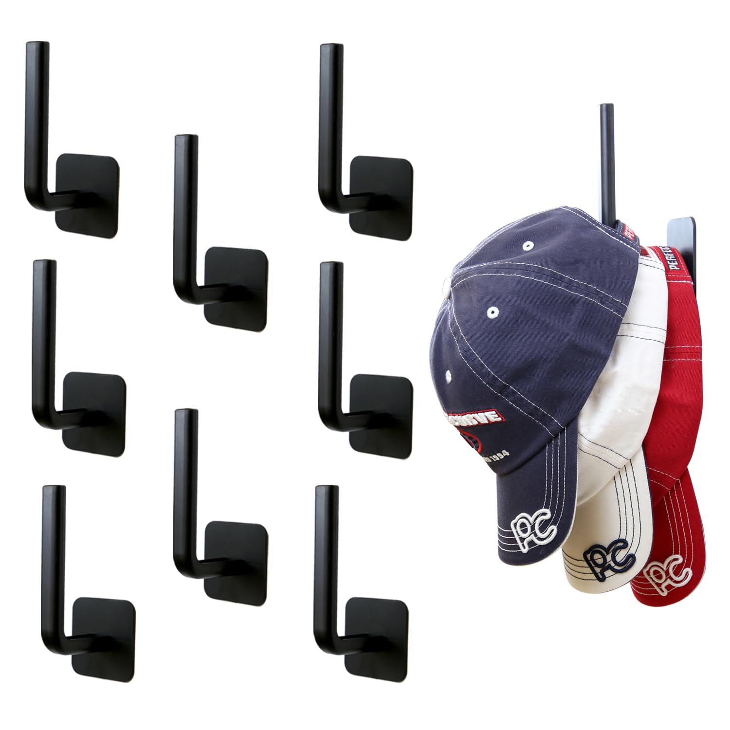 Perfect Curve Adhesive Hooks | Versatile, No Drilling, Hat Organizer, Durable Hooks For Baseball Caps And Accessories | Black, 8