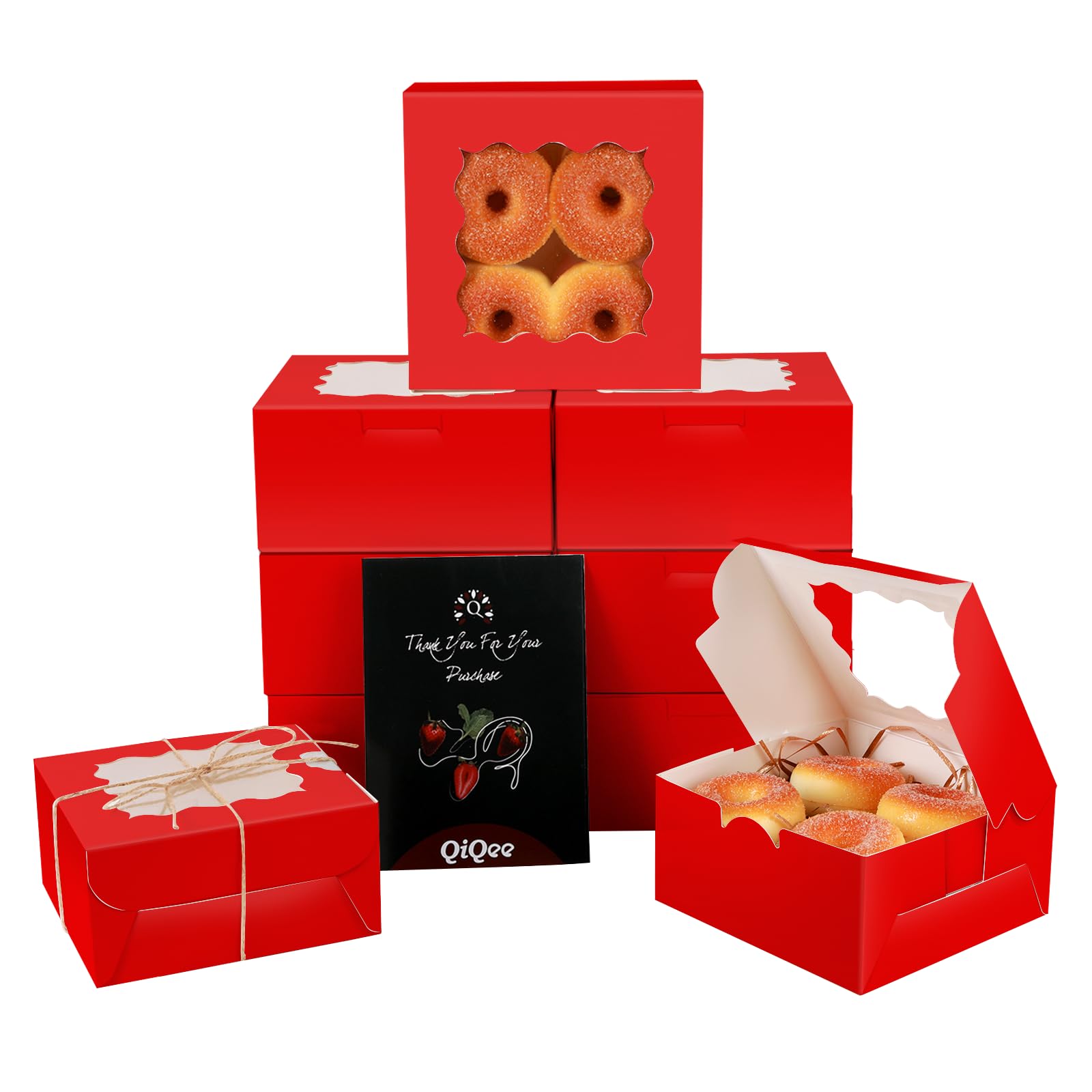 qiqee Bakery Box with Window 36packs 6x6x3 Red Cookie Boxes Pastry Box for Wedding Favor Party & Birthday