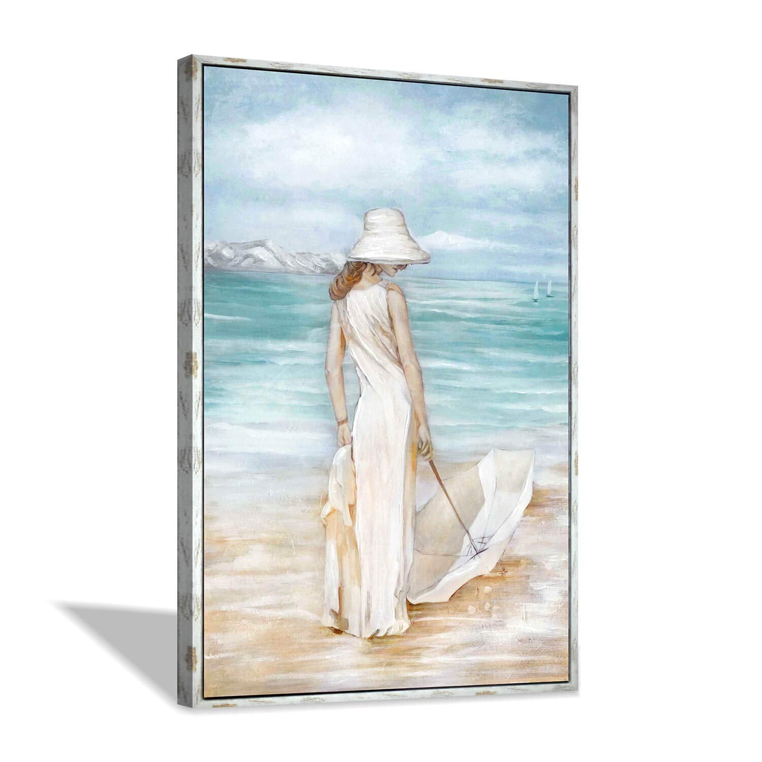 Abstract Beach Artwork Ocean Picture: Hand Painted Modern Women & Umbrella Sea Print Coastal Framed Wall Art On Canvas Framed Ar