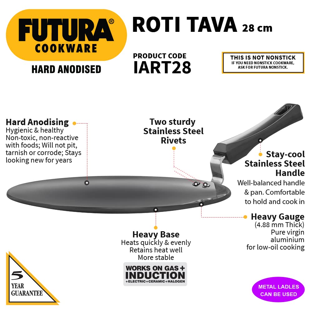 Hawkins Futura 28 Cm Roti Tava, Hard Anodised Tawa, Induction Tawa, Black (Iart28)