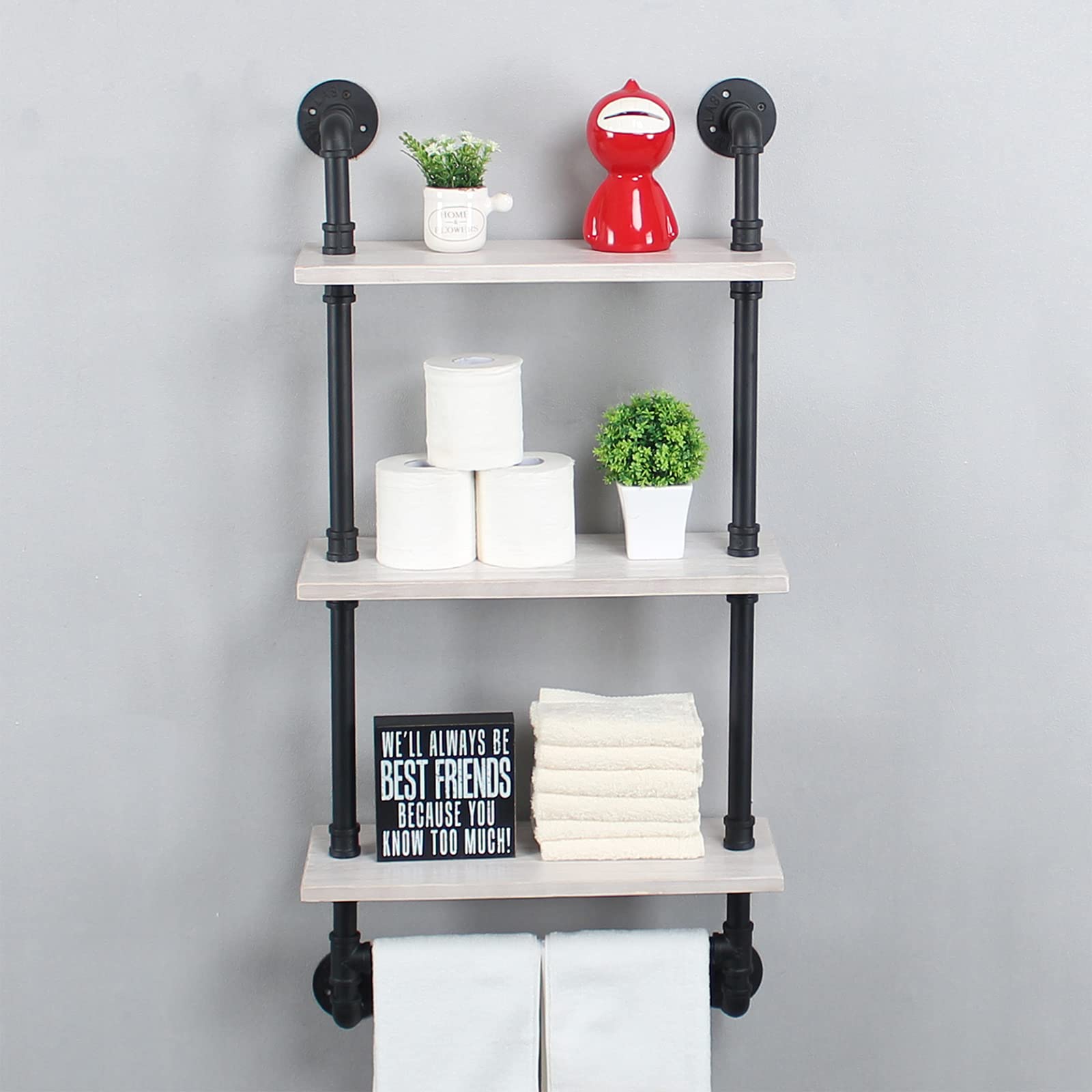 MBQQ Bathroom Shelves Wall Mounted 19.6in Rustic Wood Shelf with Towel Bar 3 Tier Farmhouse Towel Rack Over Toilet Pipe Shelving Floating Shelves Towel Holder Black & White