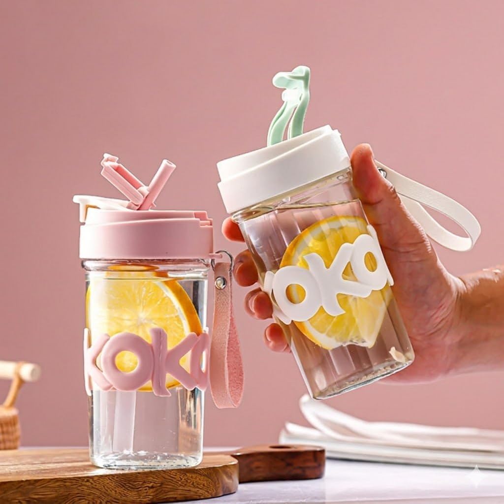 Bloomea Koko Glass Sipper Bottle With Straw & Handle | 550Ml Leakproof Water Bottle | BpaFree Portable Drinking Mug With Wrist 
