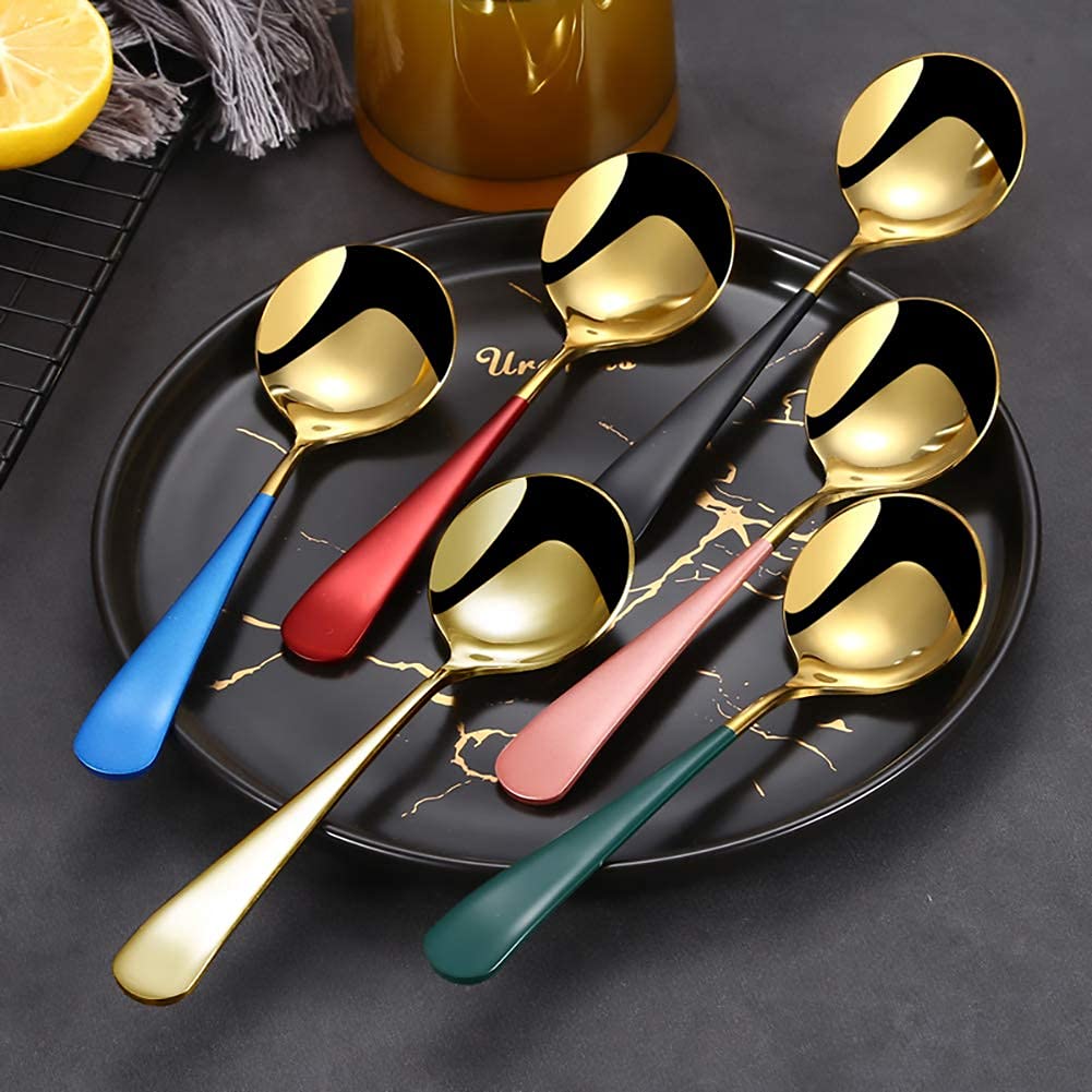 Hktopcne 6 Pieces Stainless Steel Soup Spoons Round Colorful Handle Rice Spoons Elegant Life Dinner Spoons