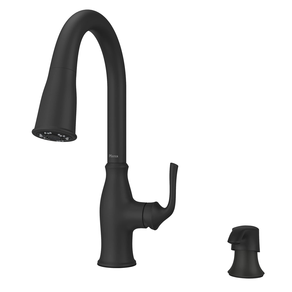 Pfister Rosslyn Kitchen Faucet With Pull Down Sprayer And Soap Dispenser, Single Handle, High Arc, Matte Black Finish, F5297Rssr