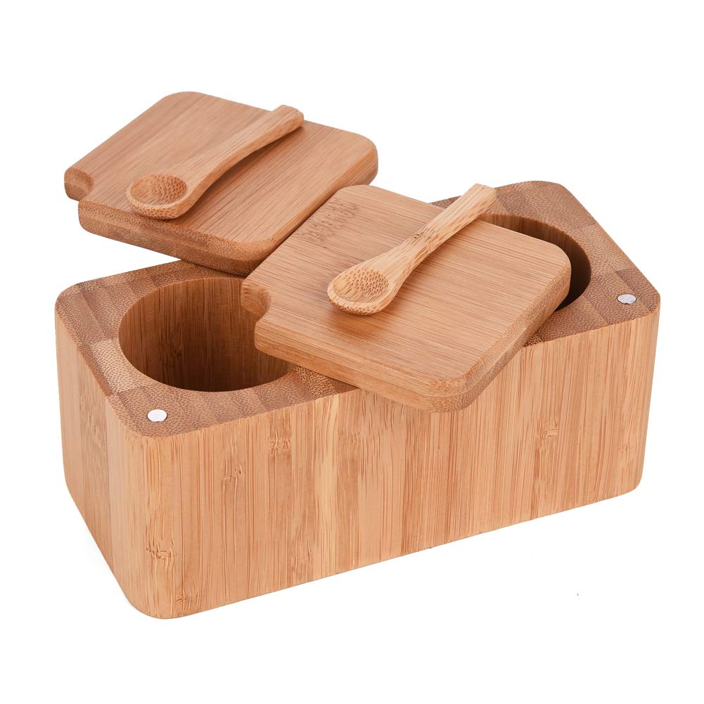 Bamboo Swivel Salt Pepper Spice Box Cellars Pinch Pot With Magnetic Lid-2 Pot For Herbs And Spices + 2Pcs Mini Salt Spoon