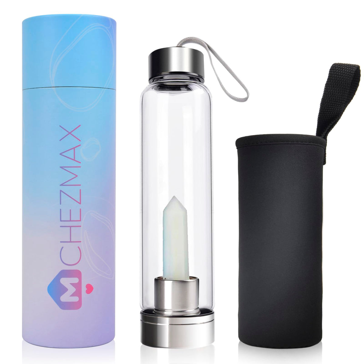 Chezmax Crystal Glass Water Bottle, Glass Water Bottle With Changeable Natural Crystal Center, Quartz Gemstone Water Bottle For