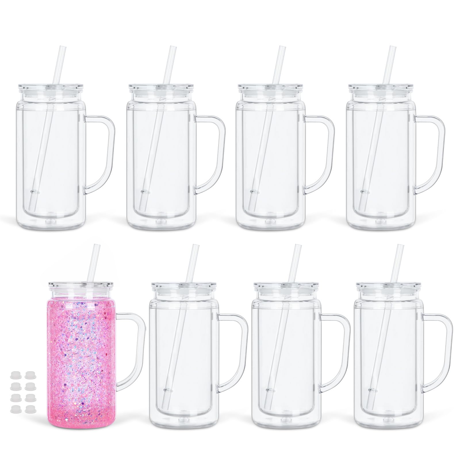 8 Pack 16 Oz Snow Globe Tumbler with Handle, Acrylic Snow Globe Cups with Predrilled Hole and Plug, Double Wall Reusable Clear 