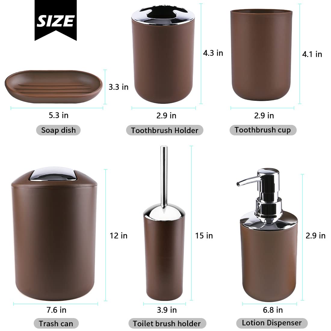 Papillon Bathroom Accessories Set-6 Piece Plastic Gift Set Toothbrush Holder,Toothbrush Cup,Soap Dispenser,Soap Dish,Toilet Brus