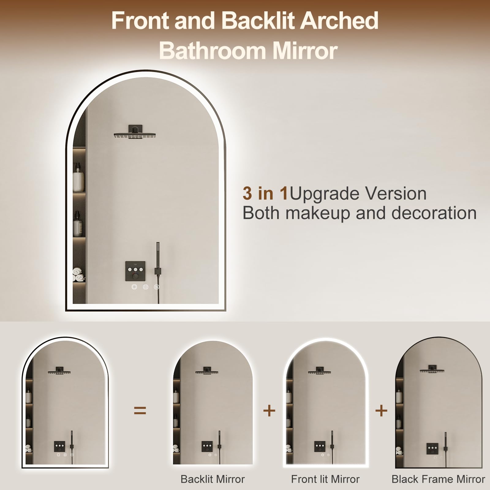 Oumusu Arched Led Bathroom Mirror 24''X36'' With Front And Backlight, Black Bathroom Mirror With Lights-Anti-Fog, Dimmable-Led M