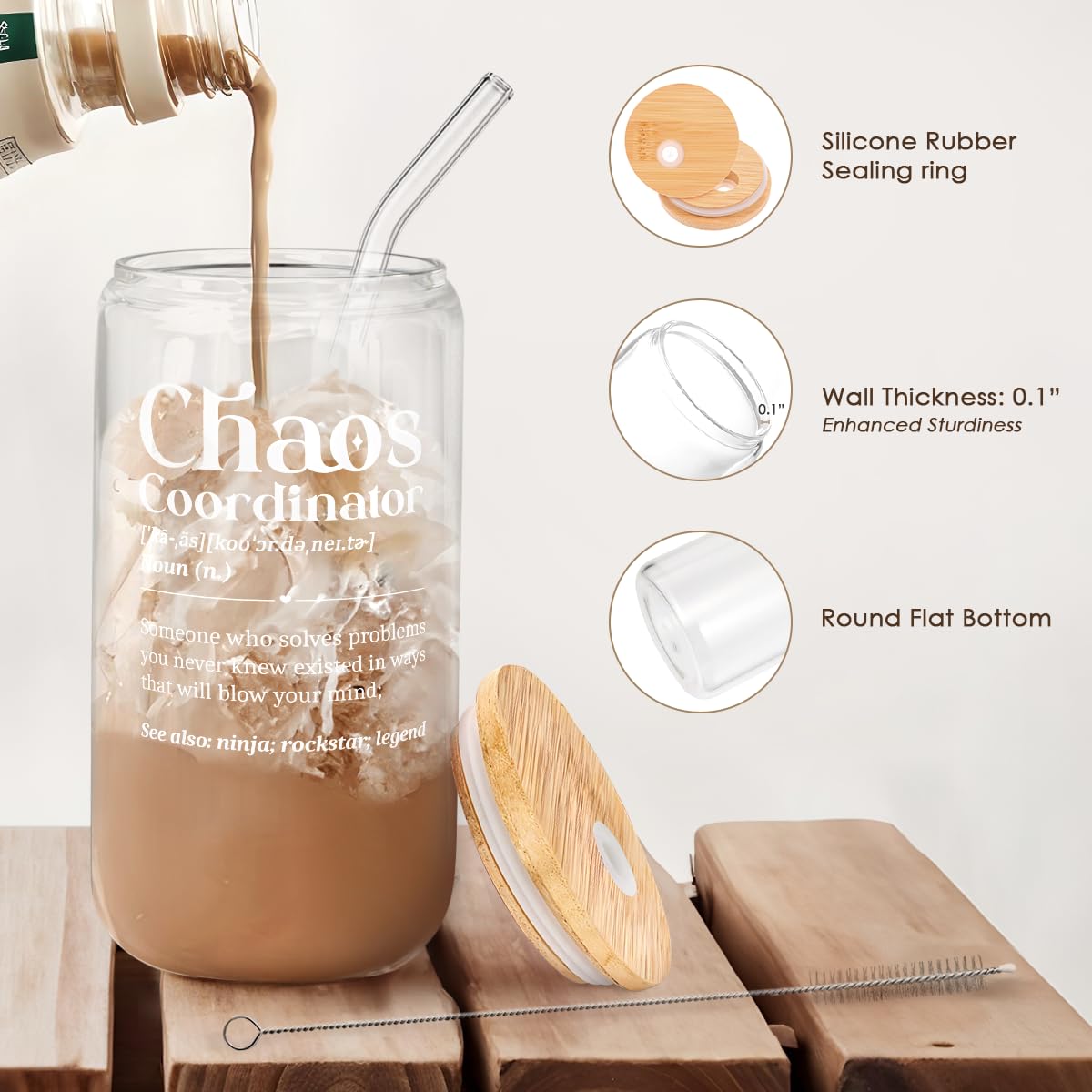 Chaos Coordinator 16oz Can Glass Tumbler with Bamboo Lid & Straw, Iced Coffee Cup for Female Coworker Friends Colleagues, Aesthe