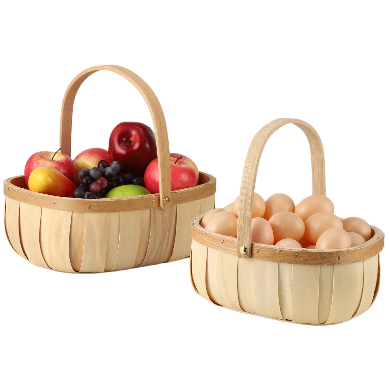 2 Pcs Handwoven Baskets, Sturdy Wooden Fruit Baskets with Comfortable Handles, Decorative & Storage Baskets, Rustic Bushel Baske