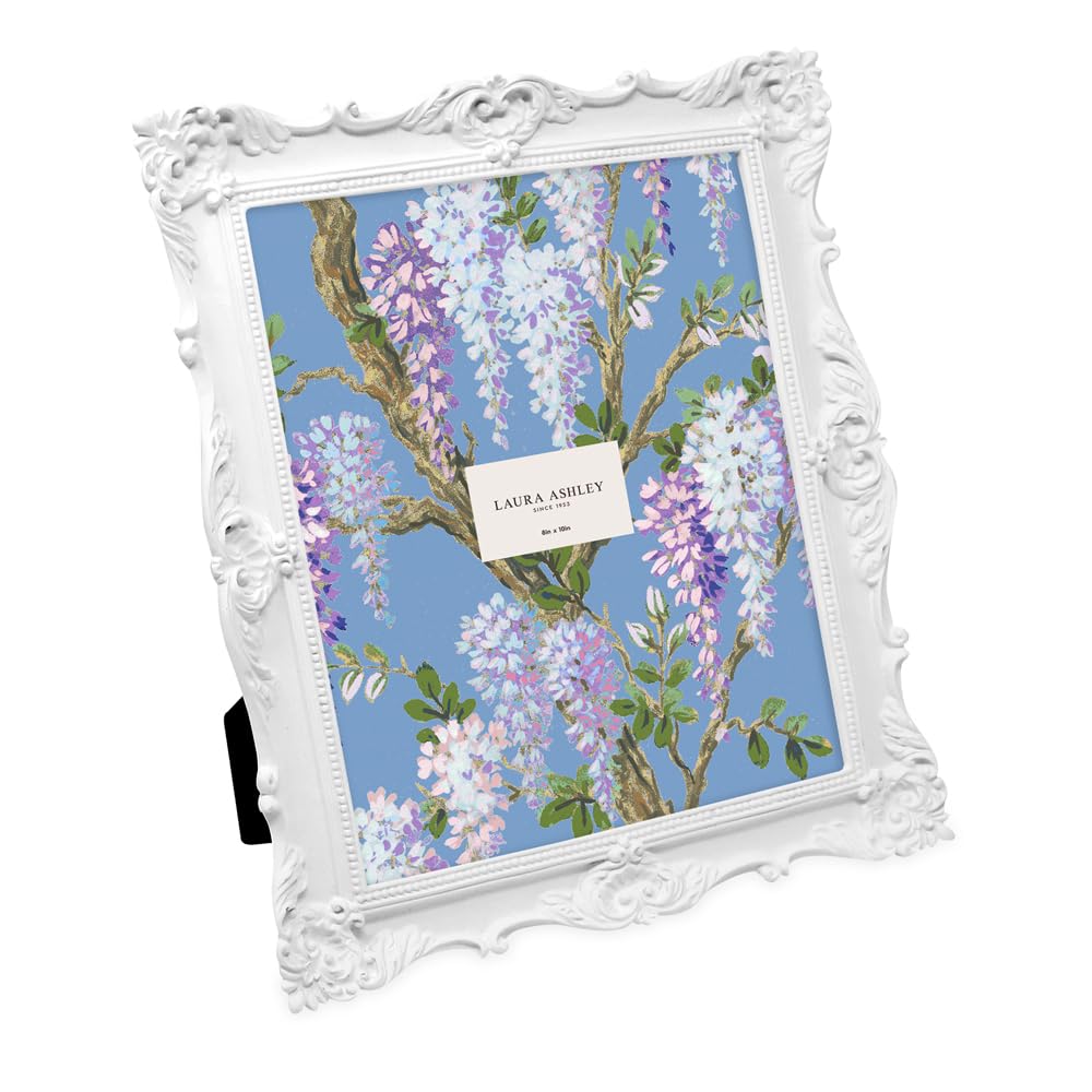 Laura Ashley 8x10 White Ornate Textured Hand-Crafted Resin Picture Frame with Easel & Hook for Tabletop & Wall Display, Decorati