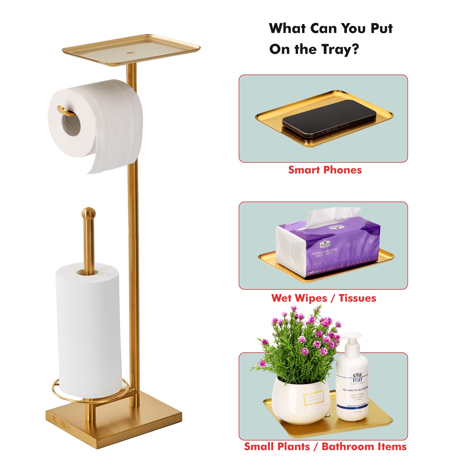 Sfemn Toilet Paper Holder With Tray At The Top, Heavy-Weighted Base No Wobbly, Freestanding Toilet Paper Rolls Stand, Hold Extra