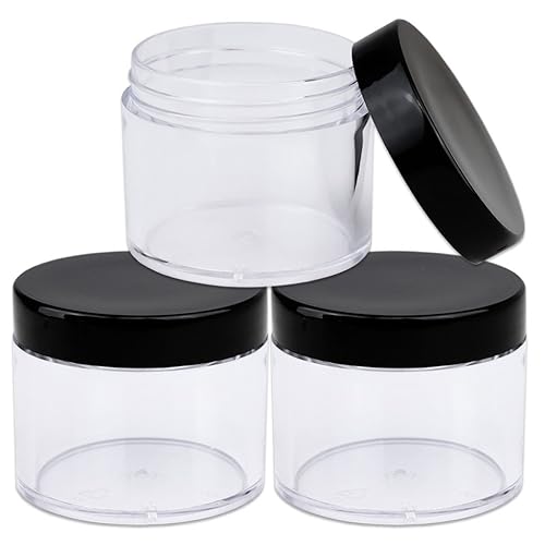 Beauticom 60 Grams/60 ML (2 Oz) Round Clear Leak Proof Plastic Container Jars with Black Lids for Travel Storage Makeup Cosmetic Lotion Scrubs Creams Oils Salves Ointments (3 Jars)