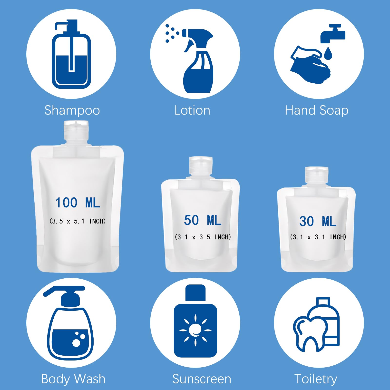TUZAZO 15pcs Travel Size Refillable Empty Squeeze Pouch TSA Approved for Toiletry  Lotion  Shampoo and Conditioner Squeezable Bags  Leakproof Cosmetic Containers (30ml/50ml/100ml)