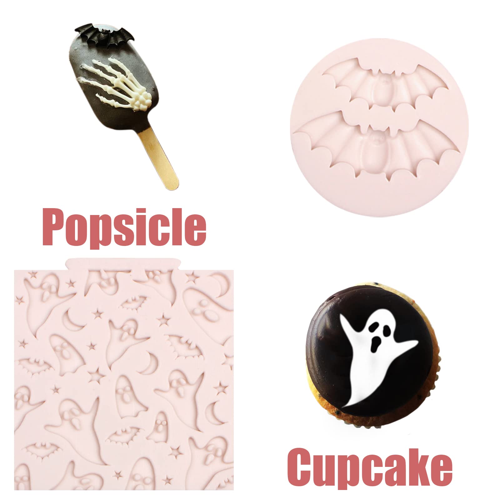 Halloween Bat Silicone Molds 6 Pcs, Pumpkin Spider Ghost Fondant Mold Skull Twigs Cake Mold For Chocolate Cake Decoration Candy