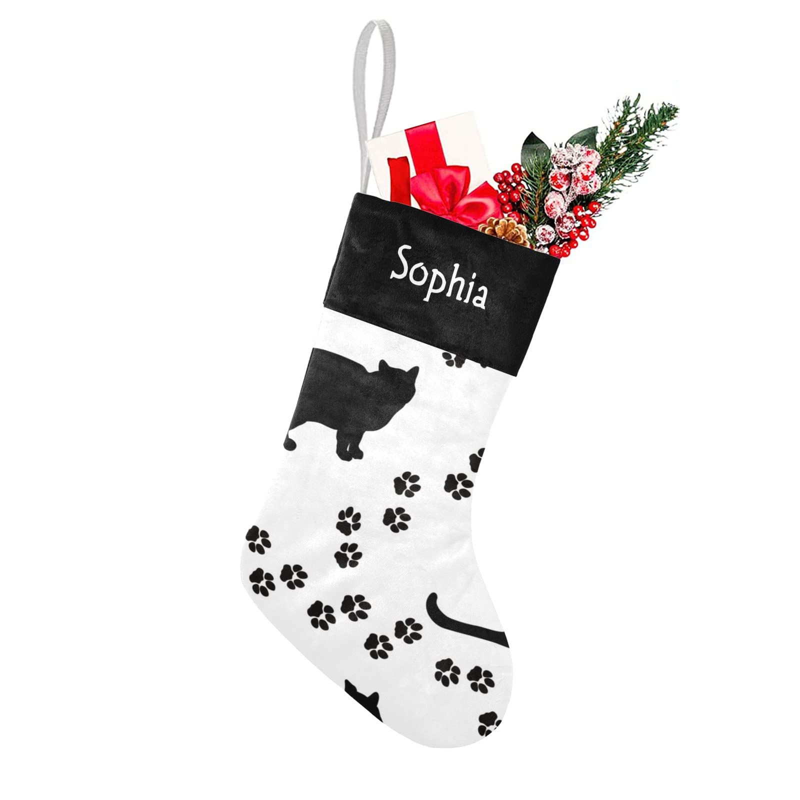 SunFancyCustom Black White Cat Paw Personalized Christmas Stockings with Name Custom Xmas Gift Fleece Holiday Decoration Gift 17