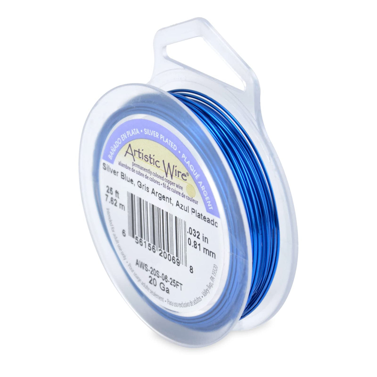 Artistic Wire, 20 Gauge  81 Mm Silver Plated Tarnish Resistant Colored Copper Craft Wire, Silver Blue, 25 Ft  76 M