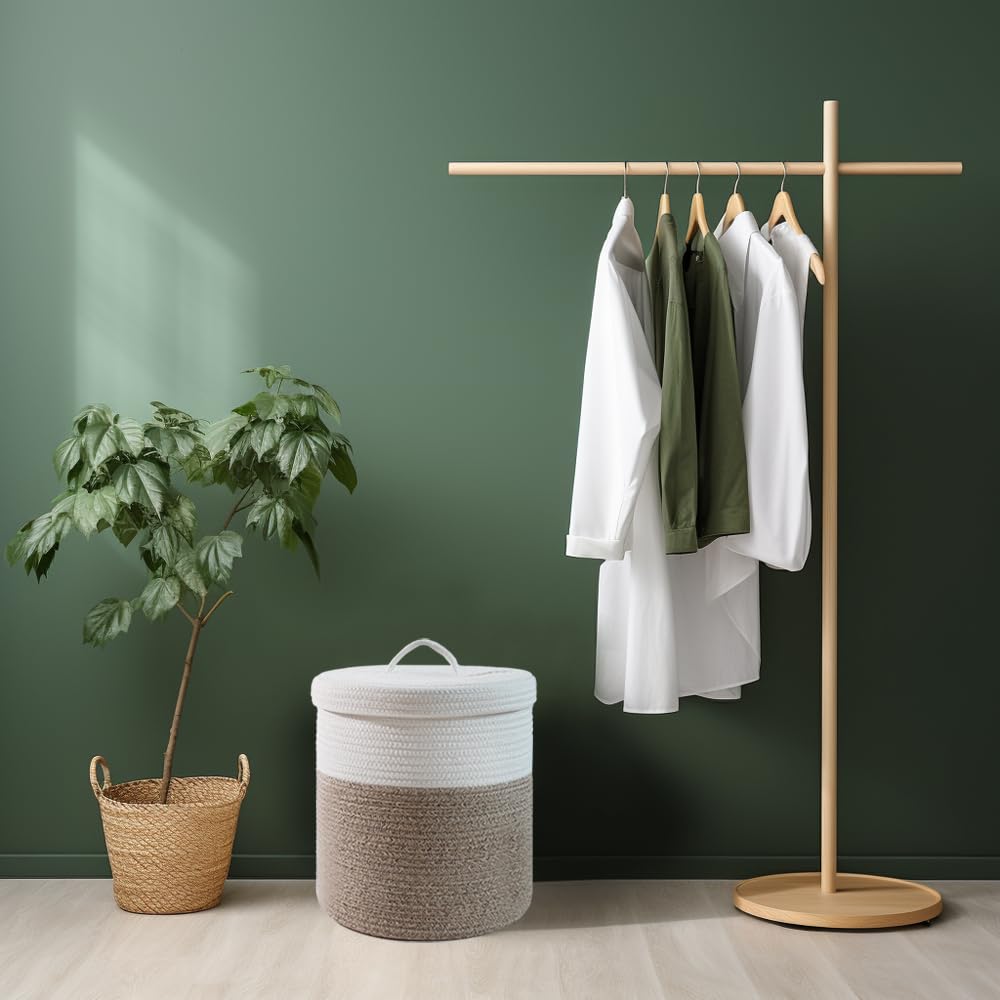 Yimi's Dream Medium Cotton Rope Storage Basket with Lid, 12''D x 13.5''H, Brown & White, Ideal for Nursery & Living Room