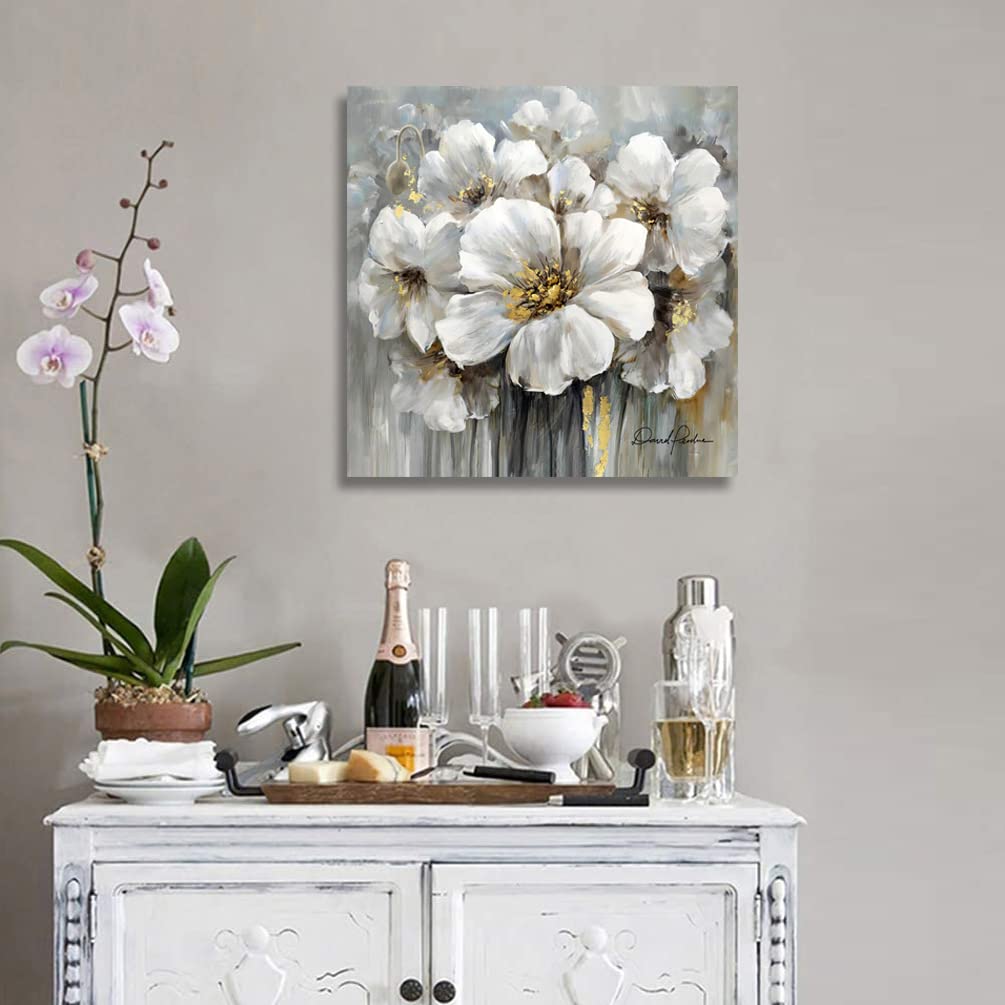 Flower Picture Decor Wall Art White And Gray Floral With Gold For Bedroom Bathroom Walls Decoration, Canvas Framed 36''X36''