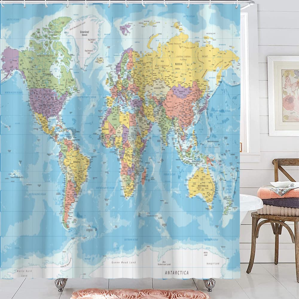 Tomoz World Map Shower Curtain, Countries And Cities Shower Curtains, Geography Educational Fabric Bathroom Shower Curtain With