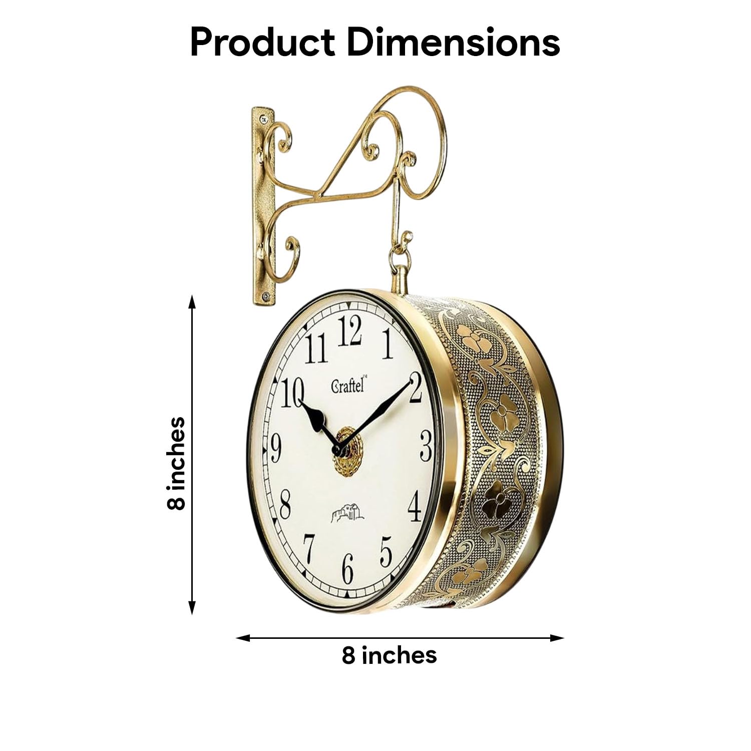 CRAFTEL Metal Analog Double Sided Vintage English Roman Station Wall Clock with Brass in dial (Shiny Gold_8 Inches)