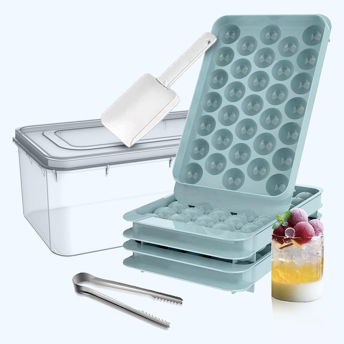 Amerryapple - Silicone Ice Cube Trays For Freezer With Lid, Bin And Scoop | Round Ice Cube Mold | Sphere Ice Ball Maker For Drin
