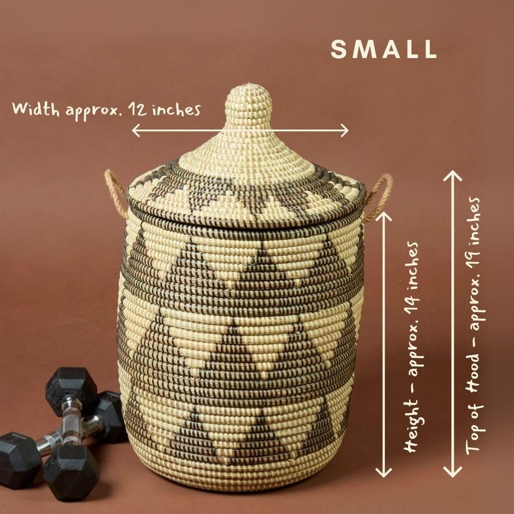 Decorative Wicker Baskets With Lid & Handles, Laundry Hamper, Blanket Storage, Toy Bin, African Woven, Hood Lid, Black Triangles