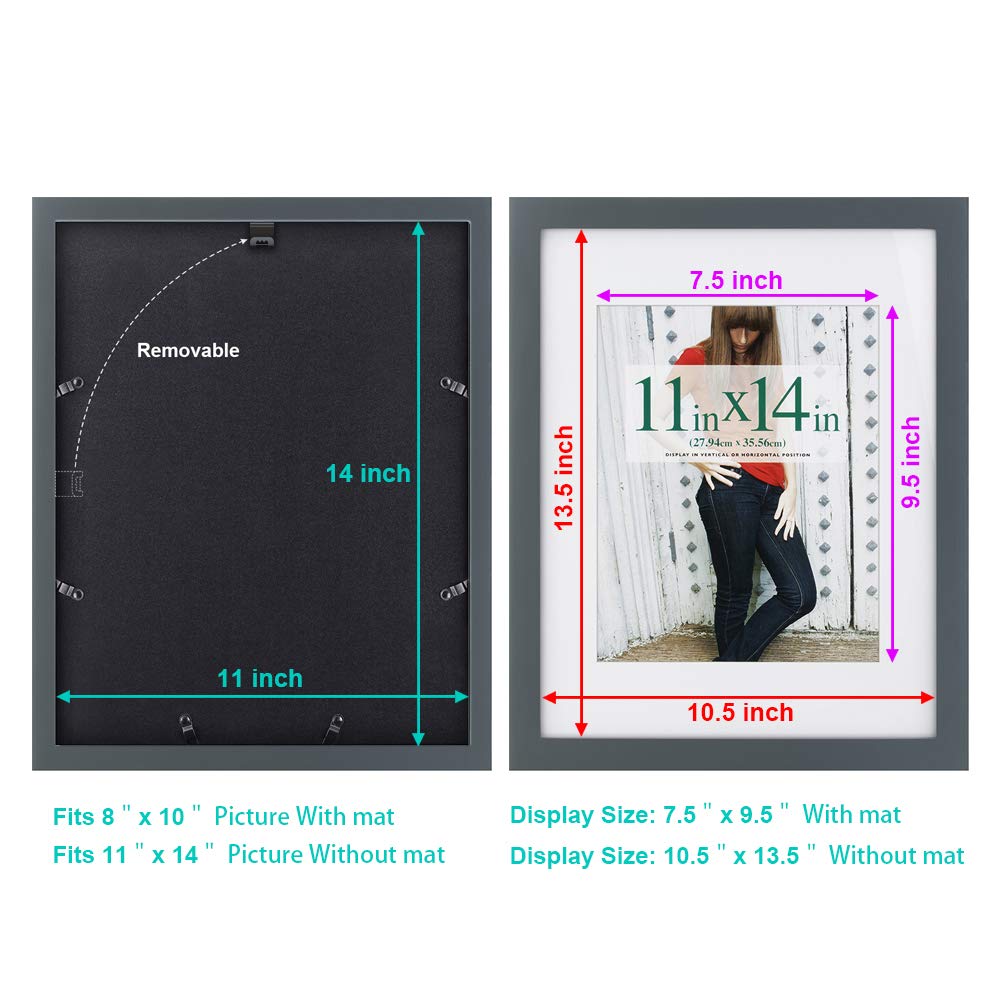 RPJC 11x14 inch Picture Frame Made of Solid Wood and High Definition Glass Display Pictures 8x10 with Mat or 11x14 Without Mat f