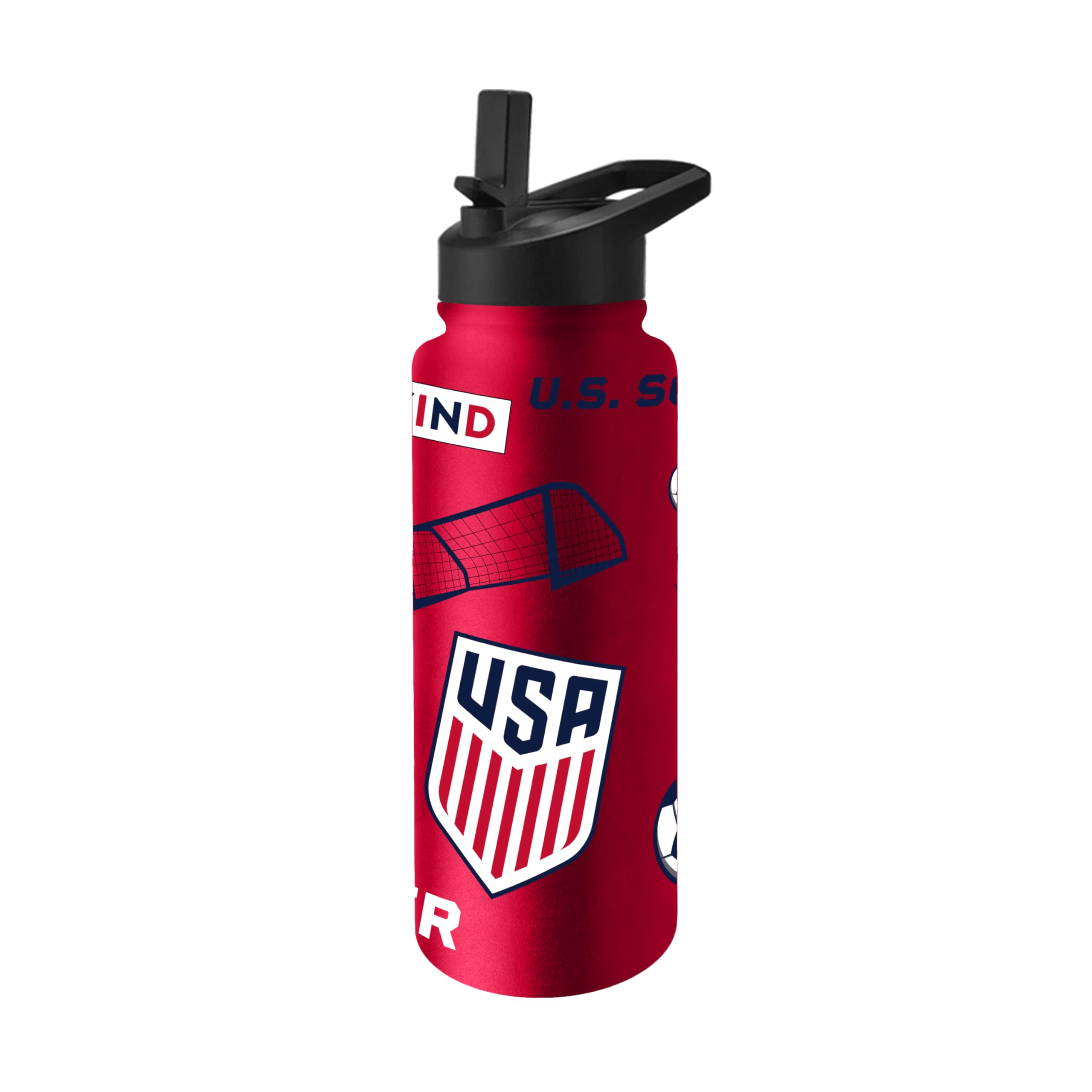 Logo Brands USA Mens National Soccer Native 34 oz Quencher Water Bottle AllOver Country Icons Design, DoubleWall Insulated t