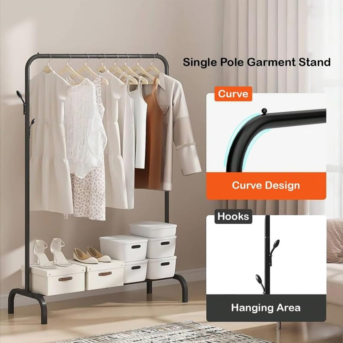 Lukzer Versatile Cloth Stand: Freestanding Metal Garment Rack With Bottom Shelves And Coat Hanger  Perfect Storage Organizer (Bl