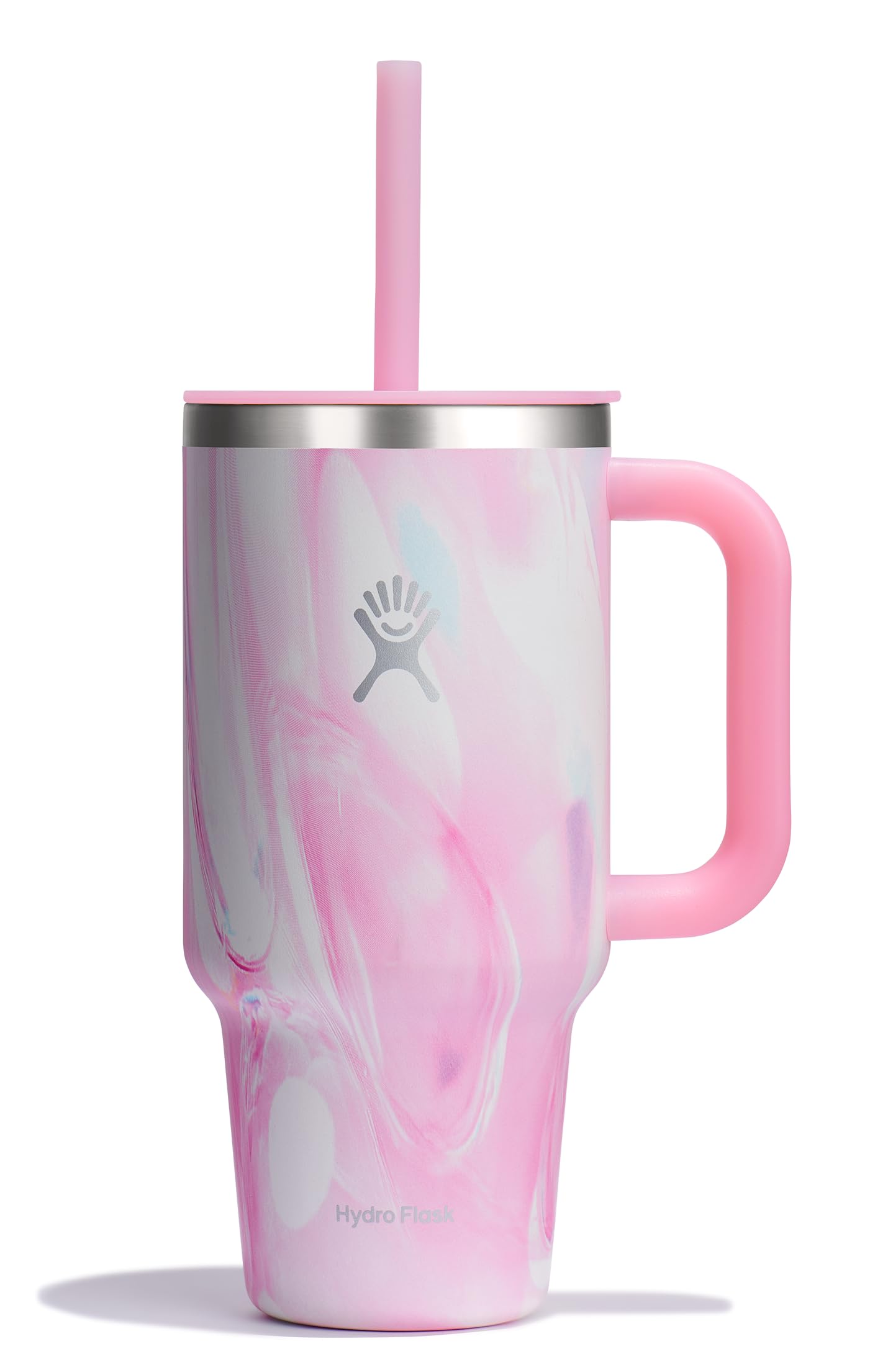Hydro Flask Travel Tumbler with Handle, Lid and Straw - Insulated Stainless Steel in 32 Oz Jelly Pink