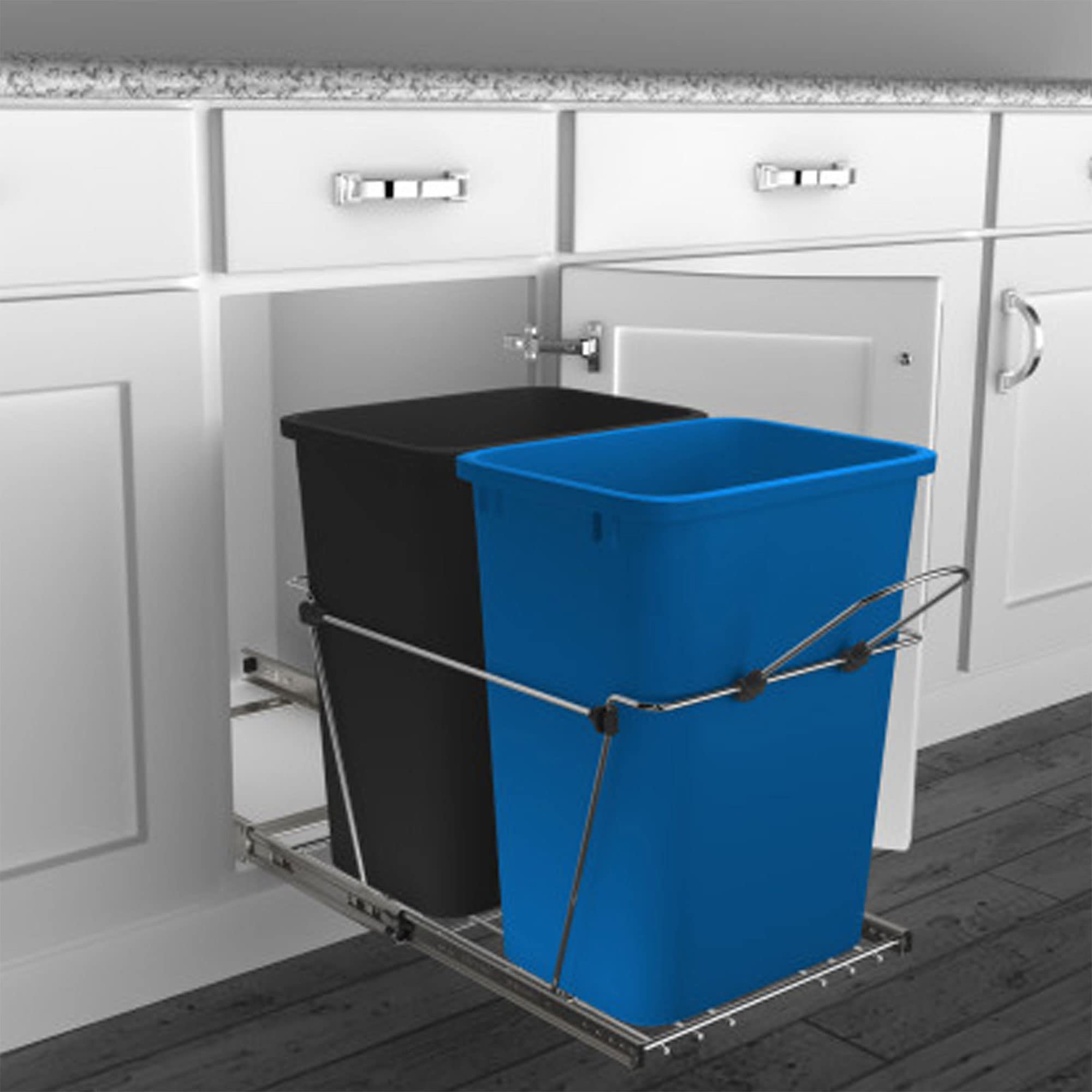 Rev-A-Shelf Double Pull Out Trash Cans For Under Kitchen Cabinets 35 Quart 12 Gallon Garbage Recycling Bin On Full Slides, Blue/