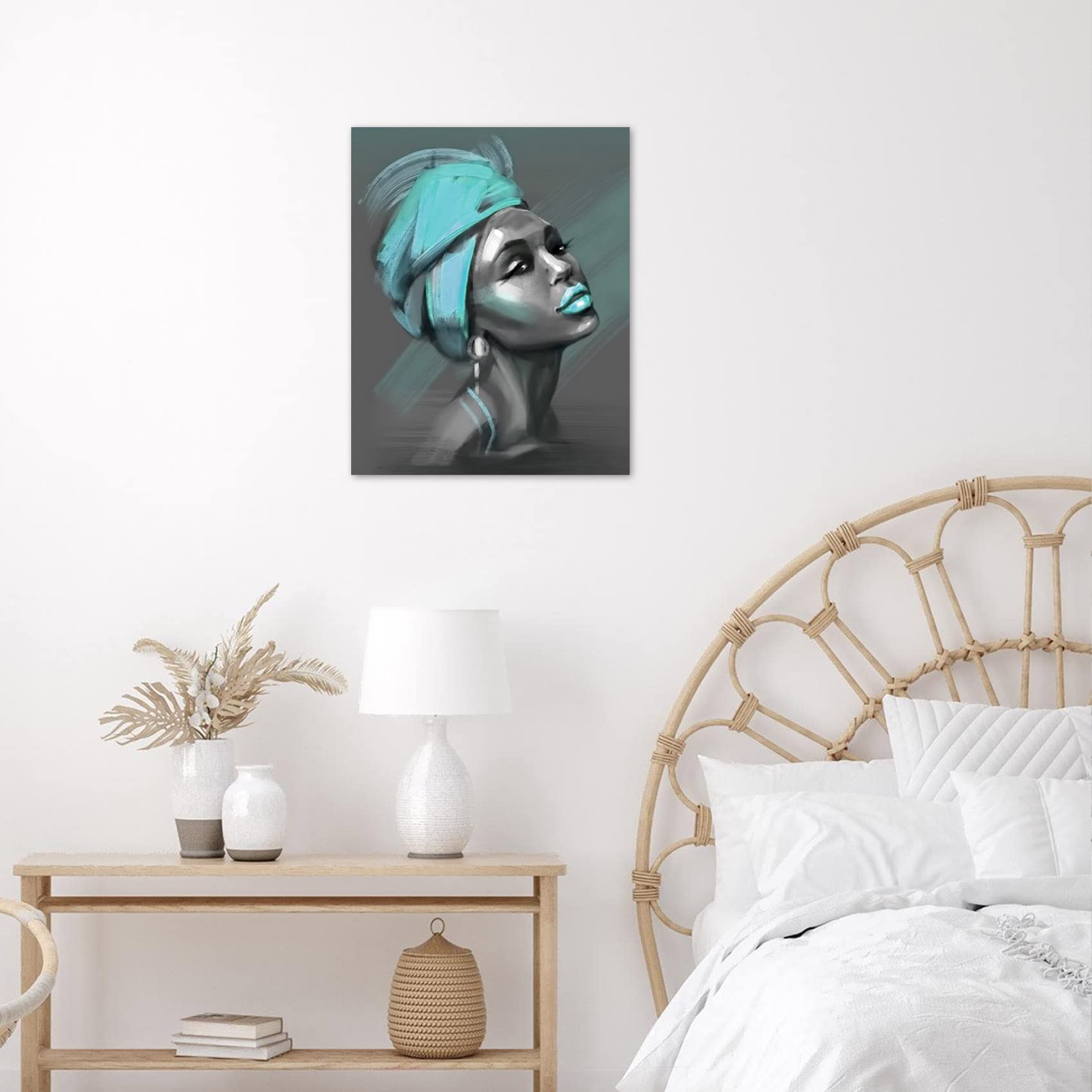 LB African American Women Canvas Wall Art  Beauty Black Woman Teal Hair Canvas Art  Abstract Minimalist Painting Wall Decor for Living Room Bedroom Bathroom Home Decor Ready to Hanging 12x16 Inch
