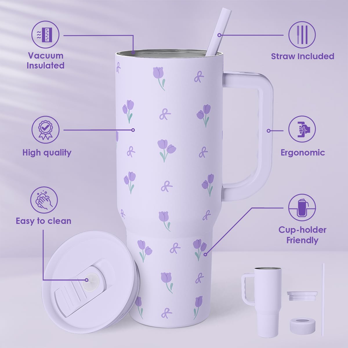 Floral 40oz Tumbler with Handle and Straw - Tulip Insulated Stainless Steel Travel Coffee Mug for Women Girls, Floral Gift Idea