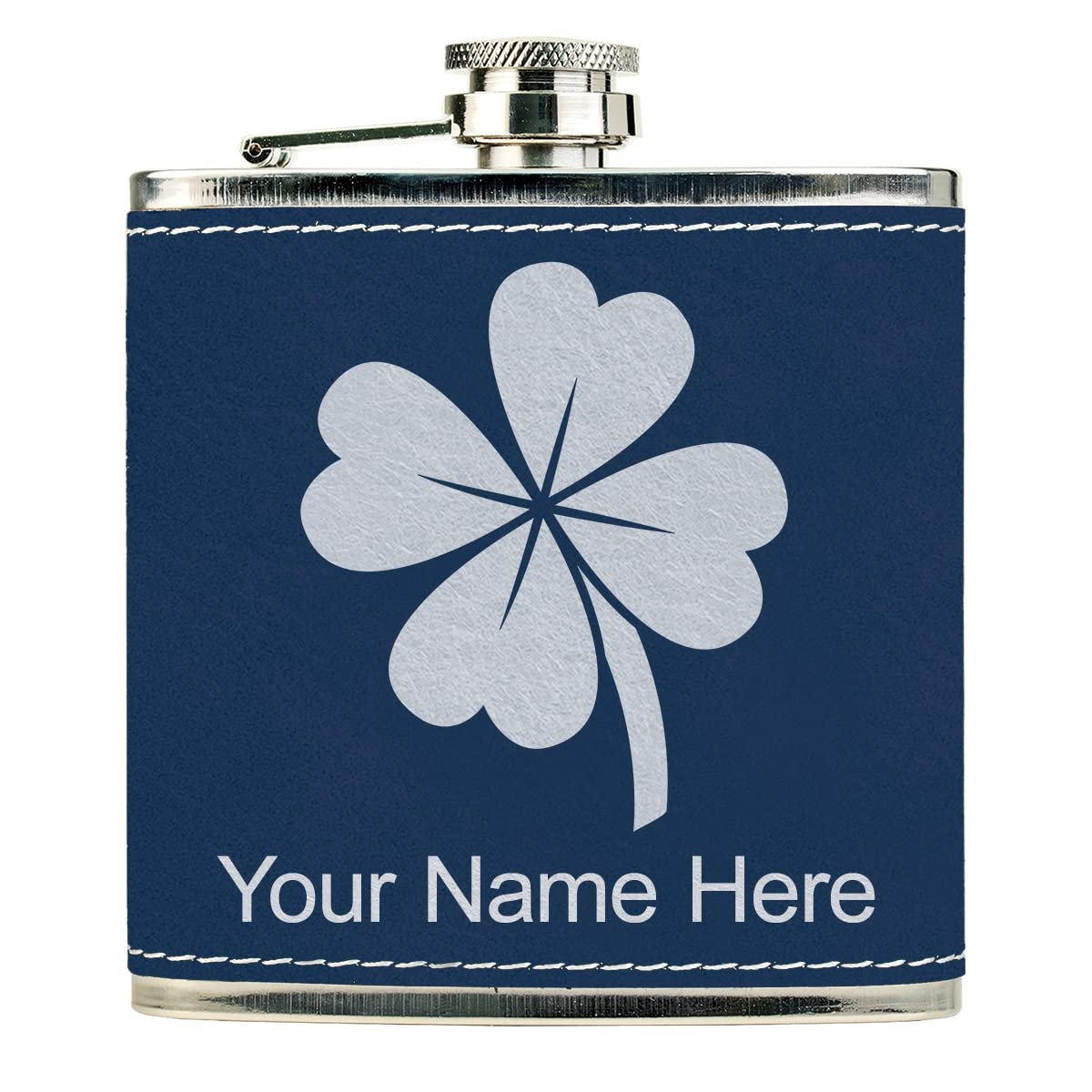 Faux Leather Flask, Four Leaf Clover, Personalized Engraving Included (Dark Blue)