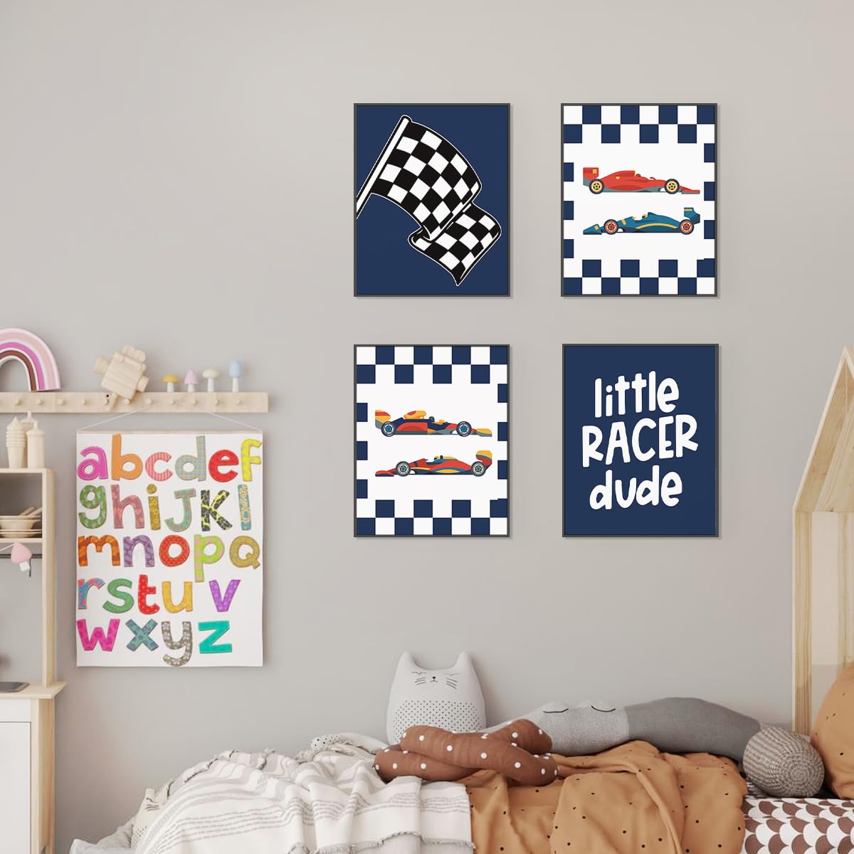 Plkmn Race Car Room Decor For Boys,Little Racer Dude 8X10 Art Print,Buffalo Plaid Decor,Inspirational Boys Room Quote Wall Art P